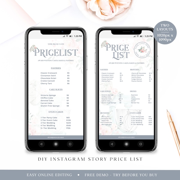 Editable Bakery Price List Template, Instagram Highlights Instagram Story Cover Template, Cake Maker Price Guide Phone Image JB-001