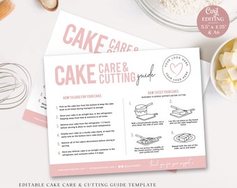 Cake Care and Cutting Guide Editable Template, 2 Sizes Printable Event Cake Portion Instructions, Minimal Bakery DIY Cake Serving PD-001