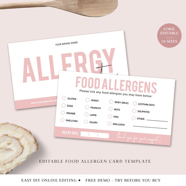 Food Allergy Card Etsy