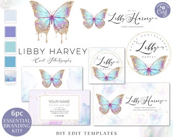 6pc Small Branding Template Bundle, Editable Ethereal Butterfly Instant Logo Template, DIY Edit Business Card, Pre-Made Brand Kit LH-002