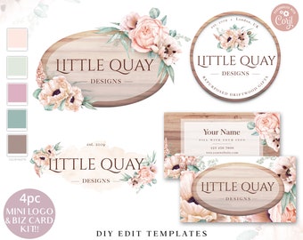 Editable Branding Bundle, DIY Edit 4pc Rustic Template Kit, Premade Watercolor Logo + Business Card Template, Floral Branding LQ-001