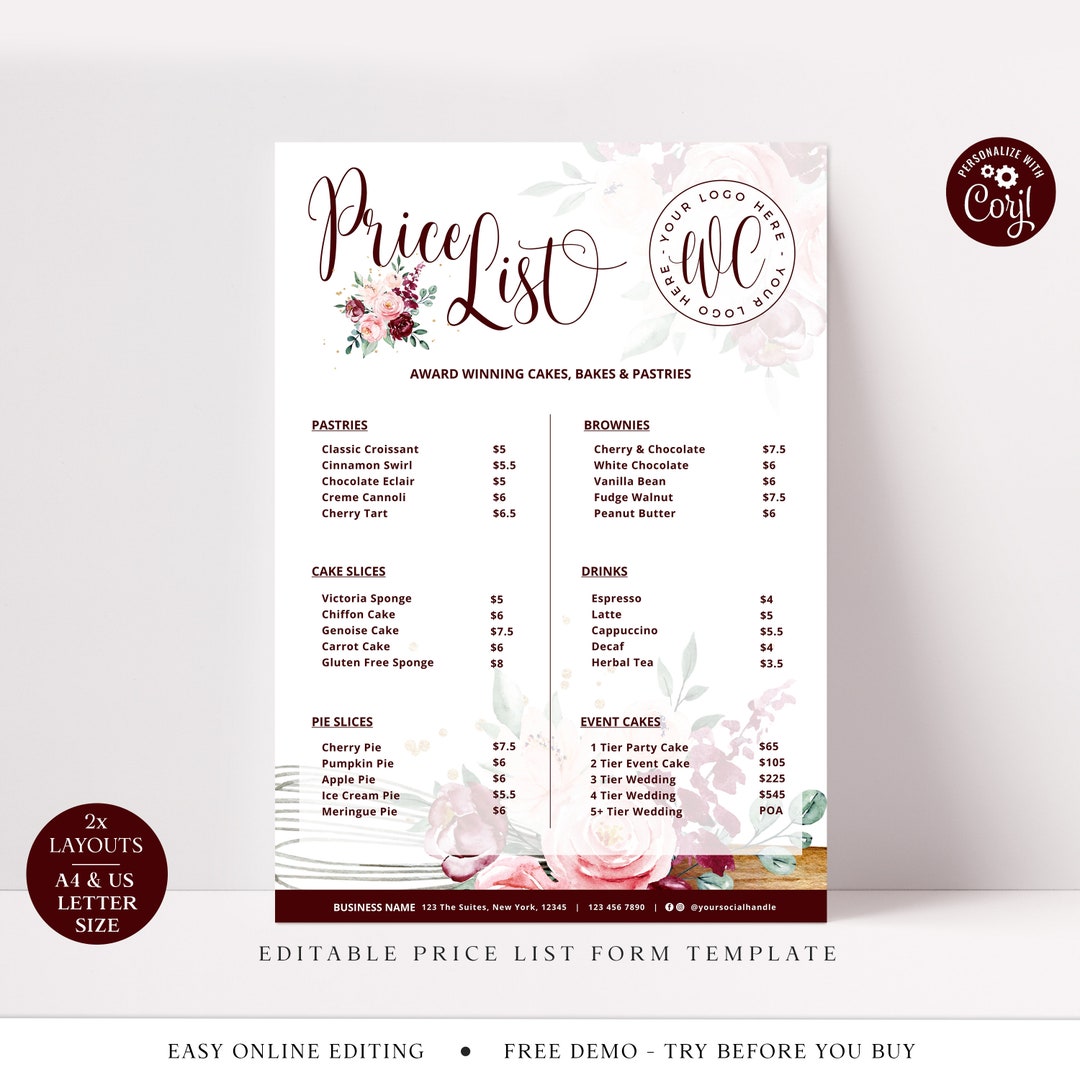 Bakery Price List Template, 2 SIZES Editable Pricing Guide