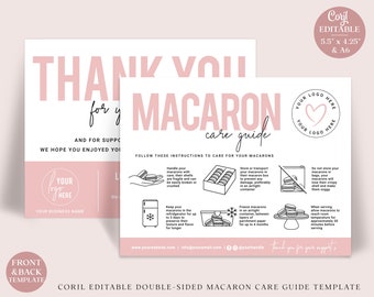 Editable Macaron Care Card, 2 Sizes Minimalist Macarons Care Template, Printable Macaroons Care Guide, Macaron Transport Instructions PD-001