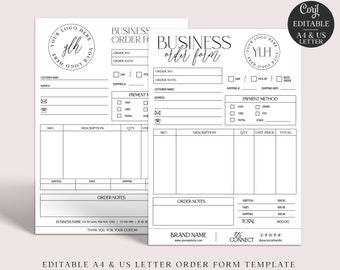 Business Order Form Editable Template, (2 Sizes) Minimalist Company Invoice Design, Customizable Order Log, Printable Business Order SI-001