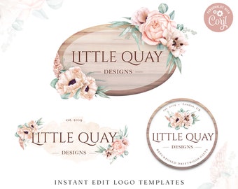 Editable Rustic Logo Bundle, 3 x Logo DIY Edit Branding Kit, Premade Watercolor Logo Design, Wood & Floral Business Logo Set, Company LQ-001