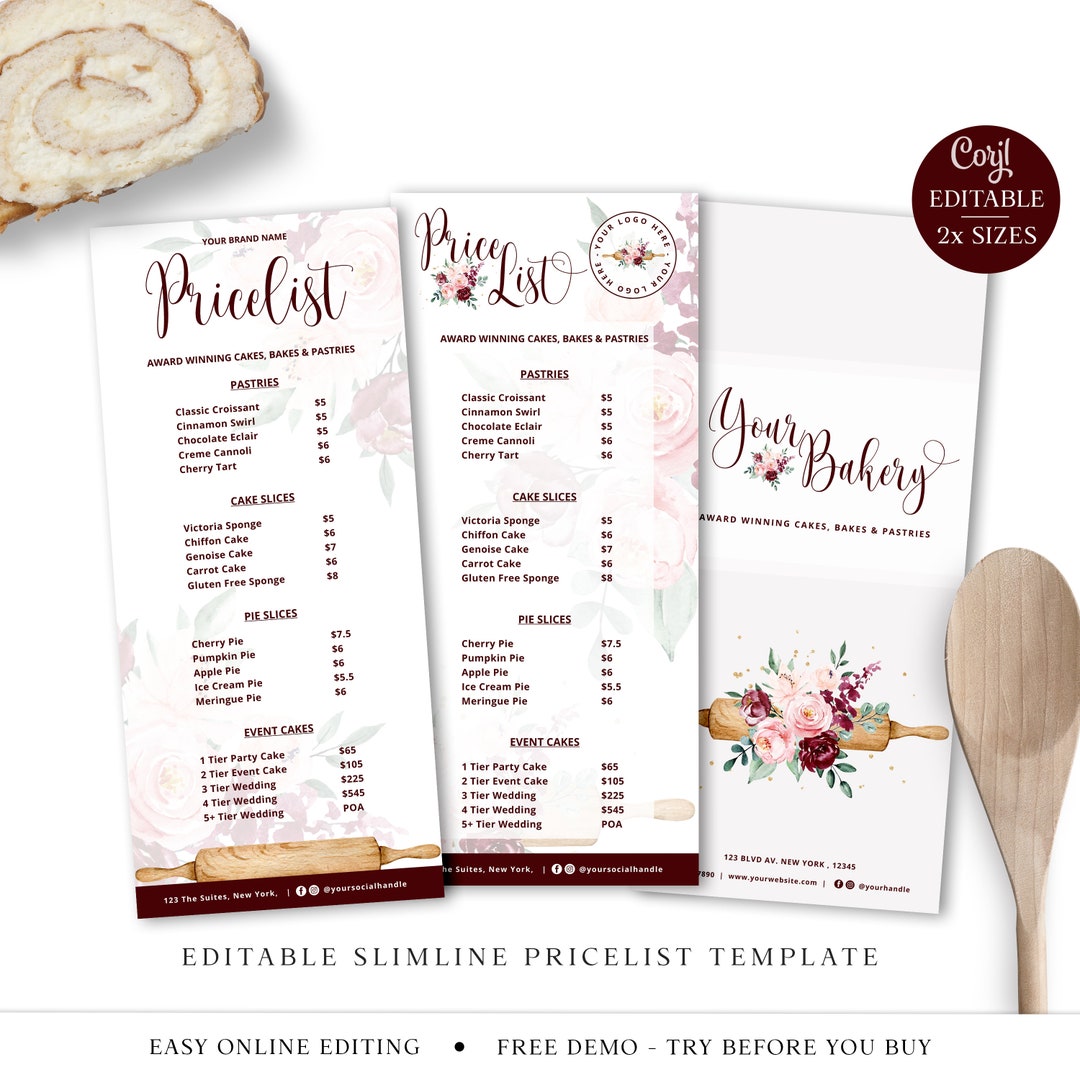 Bakery Price List Template, 2 SIZES Editable Slimline Pricing Guide