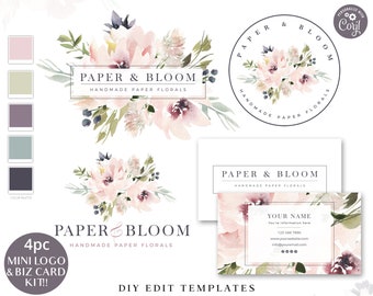 Editable Boho Branding Bundle, 4pc DIY Edit Elegant Logo & Business Card Template Kit, Premade Watercolor Florals Company Rebranding PB-001