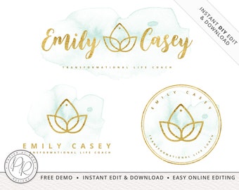 Editable Premade 3 x Logo Suite Soft Green & Gold Watercolor Life Coach Log Kit Package | Instant Edit DIY logo | Editable Template EC-001