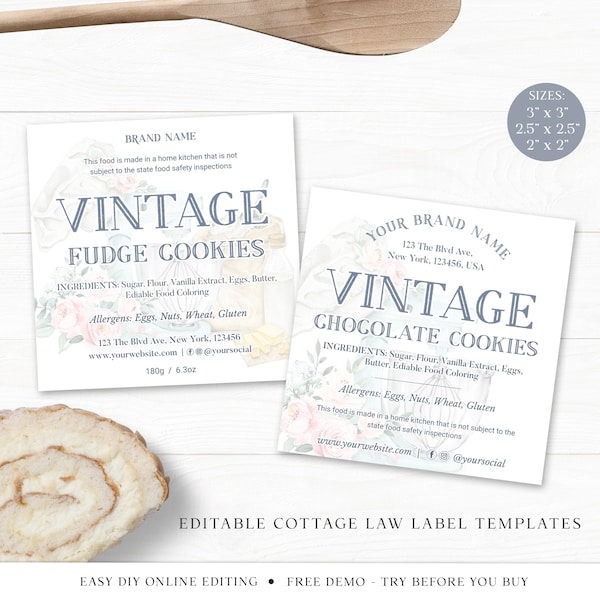 Cottage Law Label Template (3 Sizes) Bakery Food License Editable Square Sticker, Printable Farmhouse Thank You Cottage Industry JB-001