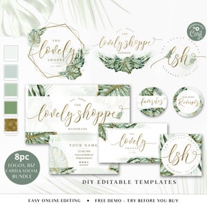 Editable Branding Bundle, 8pc DIY Edit Logo Business Card Template, Premade Social Boho Green & Gold Foliage Design, Brand Kit LS-001 image 1