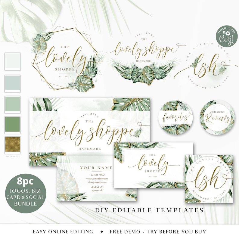 Editable Branding Bundle, 8pc DIY Edit Logo Business Card Template, Premade Social Boho Green & Gold Foliage Design, Brand Kit LS-001 image 1