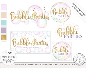 5pc Premade Mini Kit Logos Suite & Social Package Watercolor Pastel Balloon Business Startup Branding | Instnat DIY Edit Template BP-001