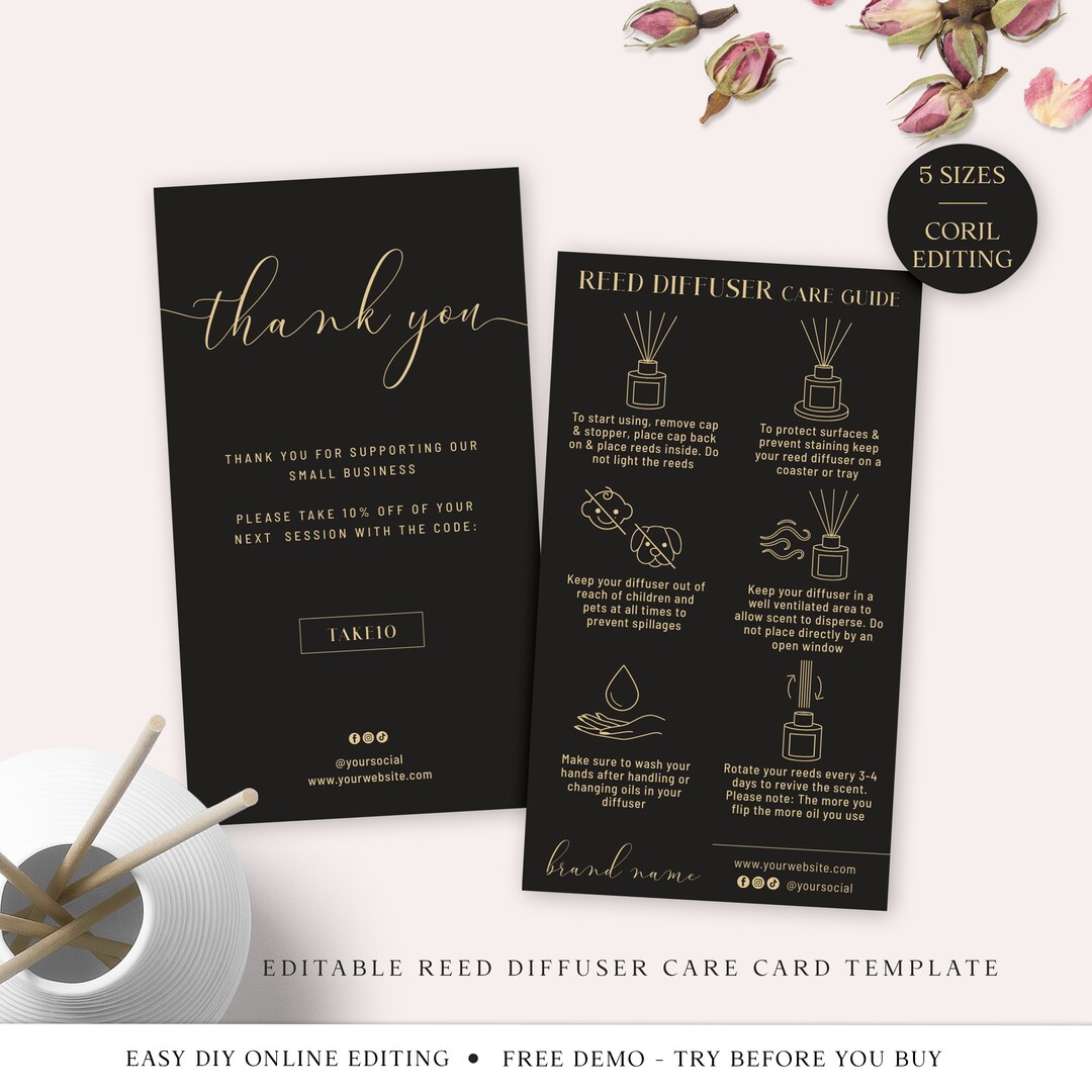 Editable Reed Diffuser Care Card Template, 5 SIZES Room Diffuser