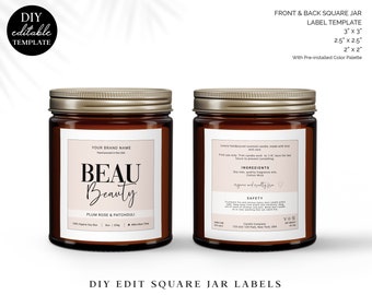 Editable Jar Label FRONT & BACK Template (3 Sizes) Modern Minimal Personalised Square Candle Label Cosmetic Label Design Printable BBL-001