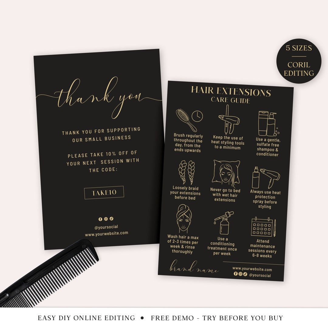 Hair Extension Aftercare Editable Template, 5 Sizes Elegant Hair Extension Care Guide, Hair