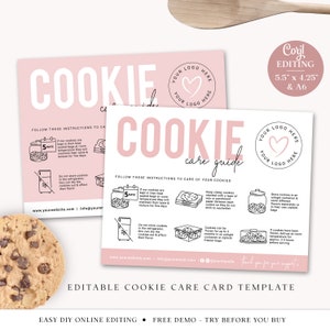 Editable Cookie Care Card, 2 Sizes Printable Biscuit Care Template, Minimalist Cookie Care Guide, Cookie Care Instructions Insert PD-001