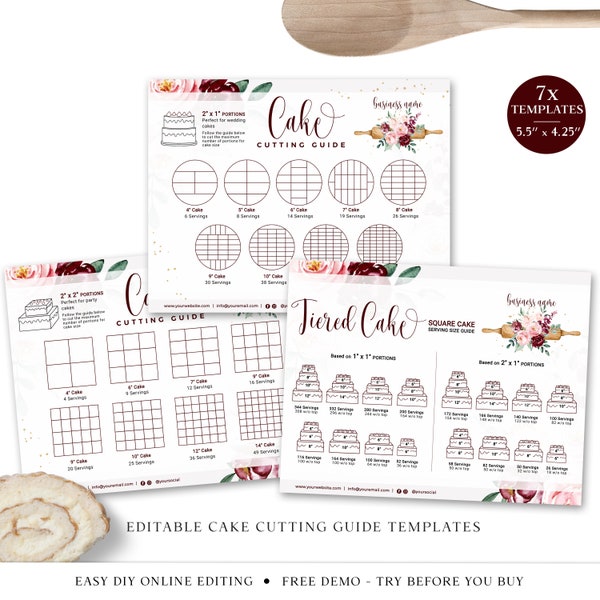 Editable Cake Cutting Guide 7 x Templates Bundle, Printable Wedding Cake Portion Instructions, Round, Square & Sheet Cake Serving CQ-001