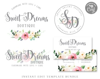 DIY Edit Branding Bundle, 3 x Business Logo and Business Card Template, Watercolor Floral Branding Kit, Premade Editable Cute Logo SD-001