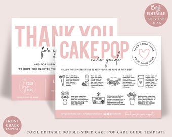 Cake Pop Care Card Editable Template, 2 SIZES Printable Cake Balls Instructions Guide, Minimalist Bakery Cake Lolly Thank You Insert PD-001