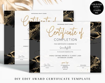 Completion Certificate Editable Template, Instant Edit Certificate, Beauty Business Course Printable Certificate, Gold Black Glitter MY-001