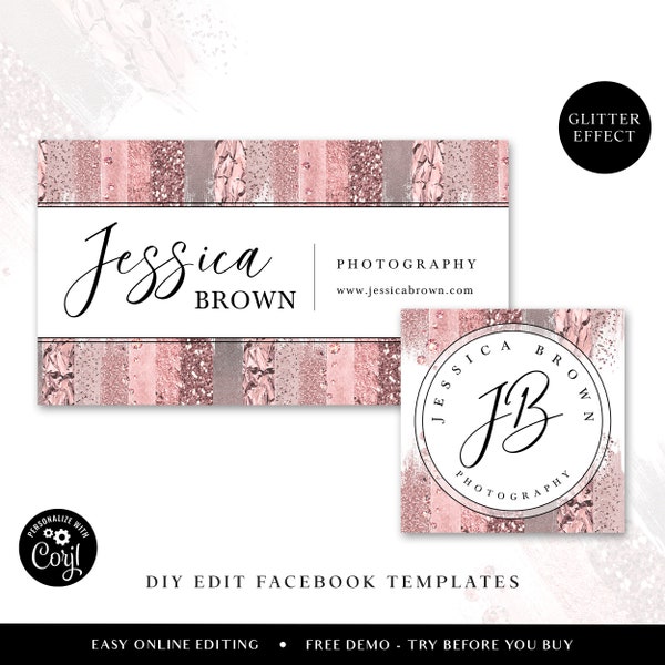 Editable Glitter Facebook Cover Template, DIY Edit Beauty Social Profile Picture, Premade Facebook Business Page Design Gold Foil JB-002