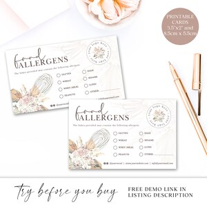 Bakery Allergen Card Editable Template, DIY Edit Boho Cake Maker ...