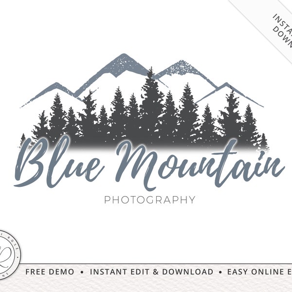 Editable Mountain Logo Template, DIY Instant Edit Premade Logo Design, Rustic Boutique Business Logo, Rockies Mountain Logo BM-001