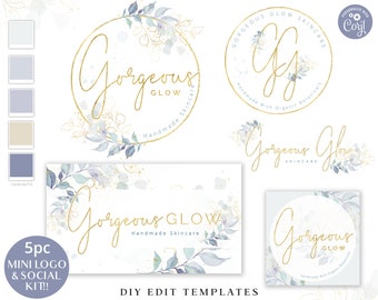 Editable Business Template Bundle, Boho Watercolor DIY Edit Logo & Social Media Branding Kit, Facebook Cover Template, Editable Logo GG-001