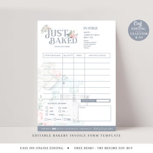 Editable Invoice Template, DIY Edit Business Invoice Form, Printable Bakery Order Form, Customizable Wedding Cake Client Invoice JB-001