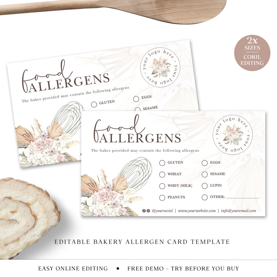 Bakery Allergen Card Editable Template, DIY Edit Boho Cake Maker ...