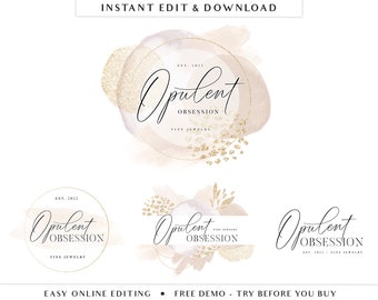 Editable Logo Template 4 x DIY Premade Logos Abstract Neutral Watercolor & Gold, Customizable Logo Editable Branding Instant Access - OO-001