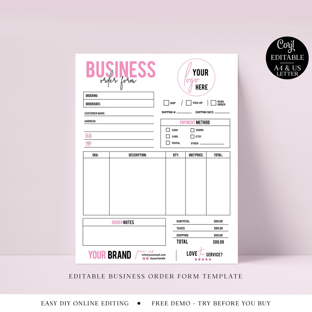 Business Order Form Editable Template, 2 Sizes Minimalist Company ...