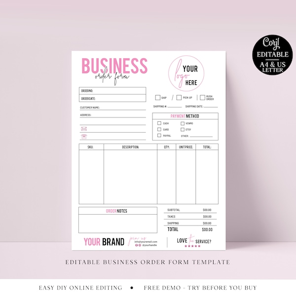 Business Order Form Editable Template, (2 Sizes) Minimalist Company Invoice Design, Customizable Order Log, Printable Business Order PD-002