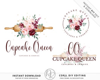 DIY Premade 3 x Logo Suite Farmhouse Cake Decorator Watercolor Branding Kit Package | Instant Edit DIY logo Editable Template CQ-001