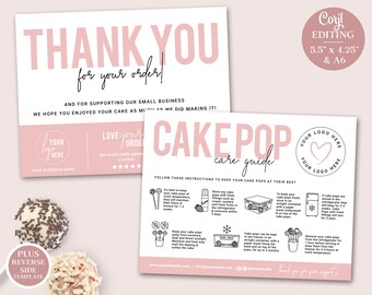 Cake Pop Care Card Editable Template, 2 SIZES Printable Cake Balls Instructions Guide, Minimalist Bakery Cake Lolly Thank You Insert PD-001