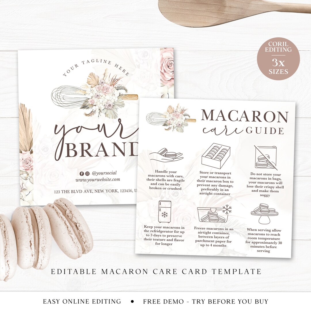 Macaron Care Card Editable Template, 3 Sizes Printable Square Macaron ...