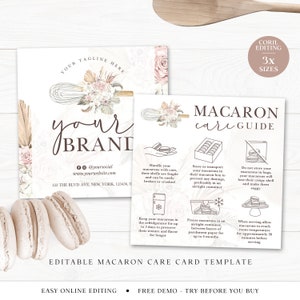 Macaron Care Card Editable Template, 3 Sizes Printable Square Macaron Care, Boho Whisk Macaroon Care Guide, Macaron Care Instructions VB-001