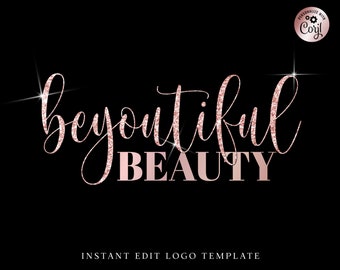 Instant Download Beauty Logo Template, DIY Edit Glitter Business Logo, Editable Rose Gold Sparkle Typography Lash Tech Logo, Makeup BB-001