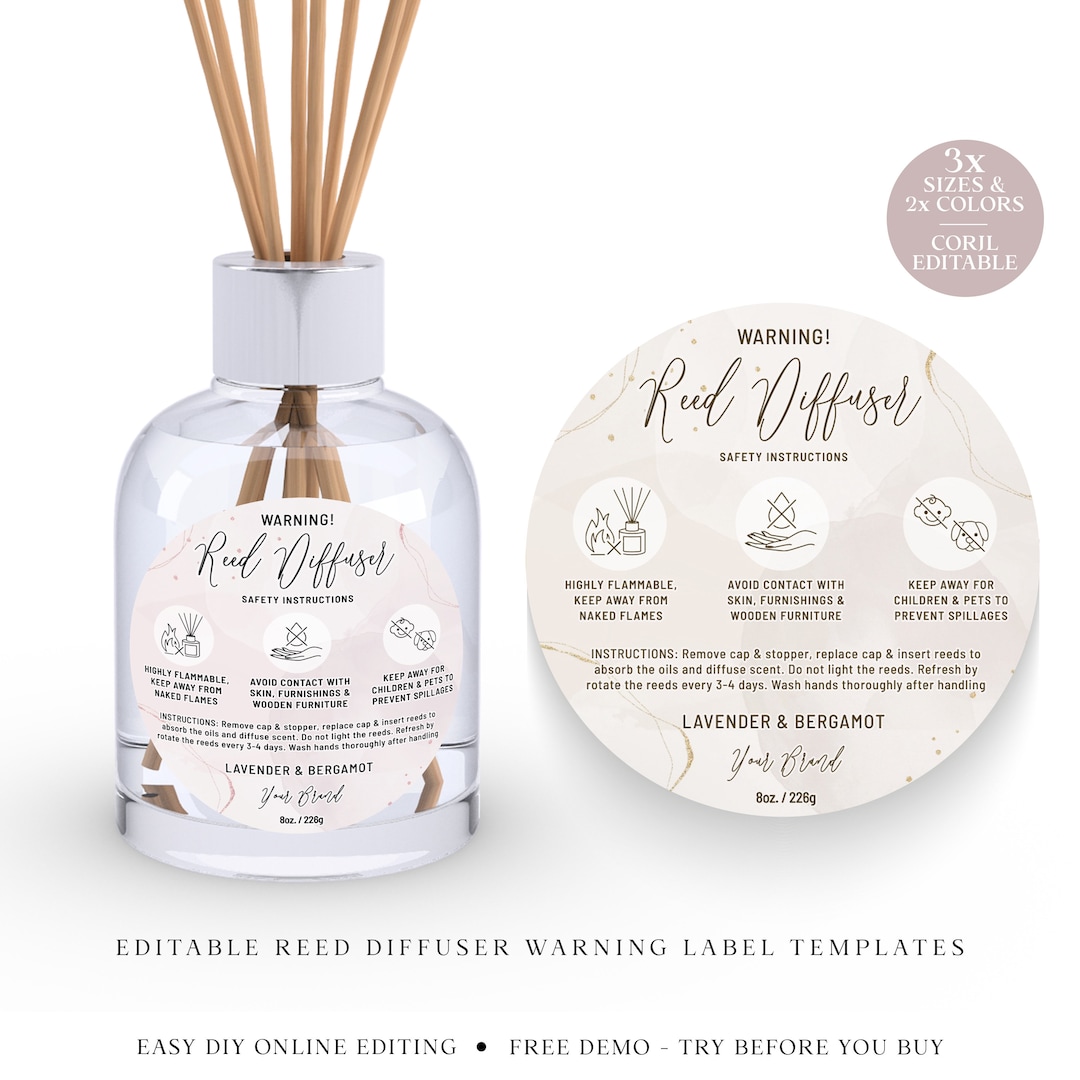 Editable Reed Diffuser Warning Label Template, 3 SIZES DIY Room