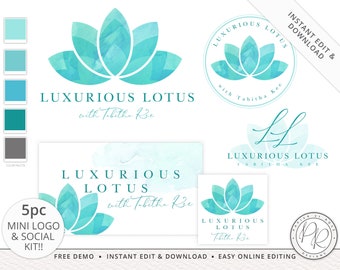 Editable 5pc Premade Mini Kit Logo Suite & Social Package Watercolor Lotus Spa Business Branding | Instant Edit Yourself Online - LL-002