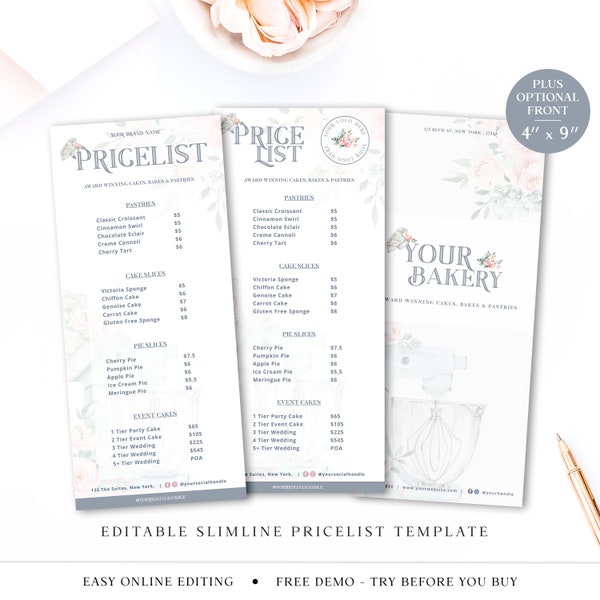 Bakery Price List Template, 4" x 9" Editable Slimline Pricing Guide, Customizable Printable Price Guide, DIY Edit Cake Price Sheet JB-001