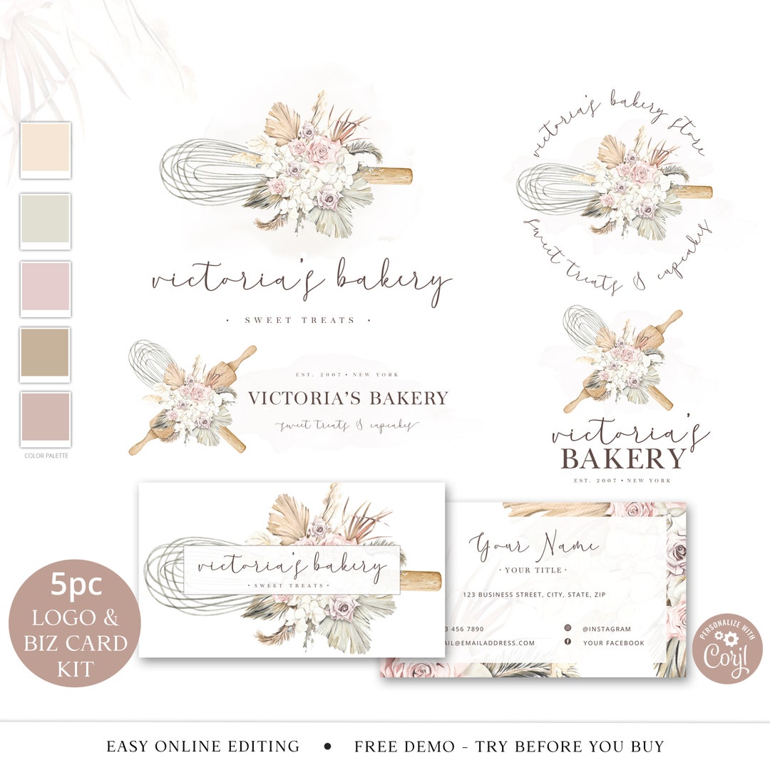 Editable Bakery Branding Template Bundle, 5pc DIY Edit Modern Business