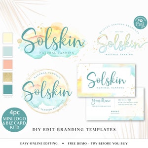 DIY Editable Branding Bundle, 4pc Beach Watercolor Splash Logo & Instant Edit Business Card Template, DIY Editable Template Set SS-001 image 1