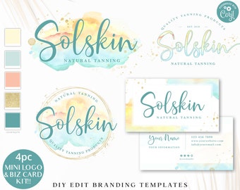 DIY Editable Branding Bundle, 4pc Beach Watercolor Splash Logo & Instant Edit Business Card Template, DIY Editable Template Set - SS-001