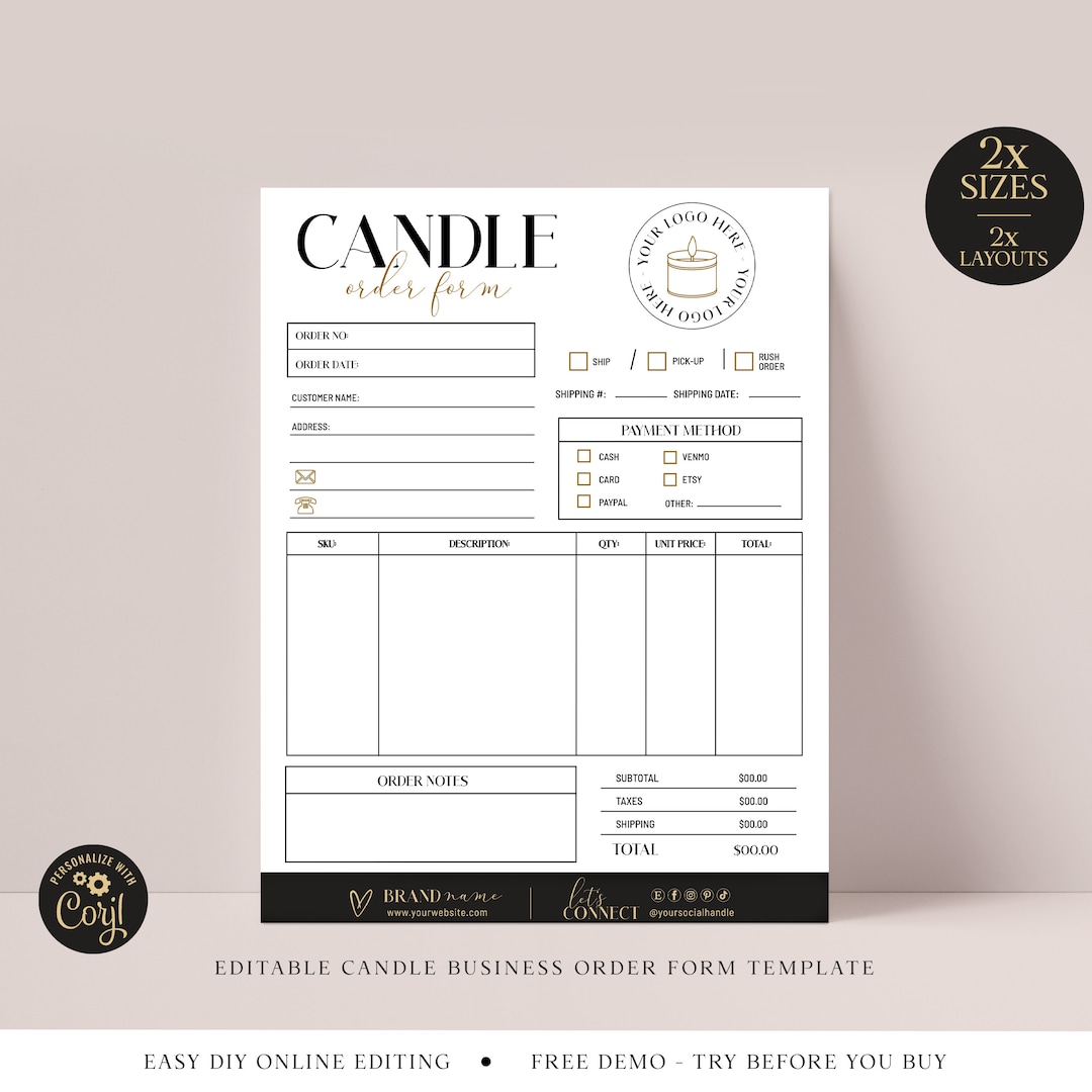 Candle Order Form Editable Template 2 Sizes Printable Etsy