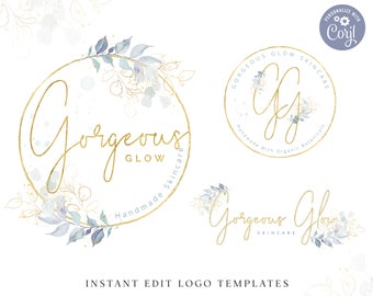 DIY Edit Elegant Logo Bundle, 3 x Editable Logo Template, Premade Watercolor Foliage & Gold Foil Logo Branding Package, Company Logo GG-001