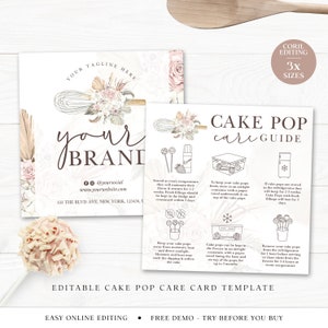 Cake Pop Care Card Editable Template, 3 Sizes Printable Square Cakepop Care, Boho Whisk Cake Care Guide, Cake Lolly Care Instructions VB-001