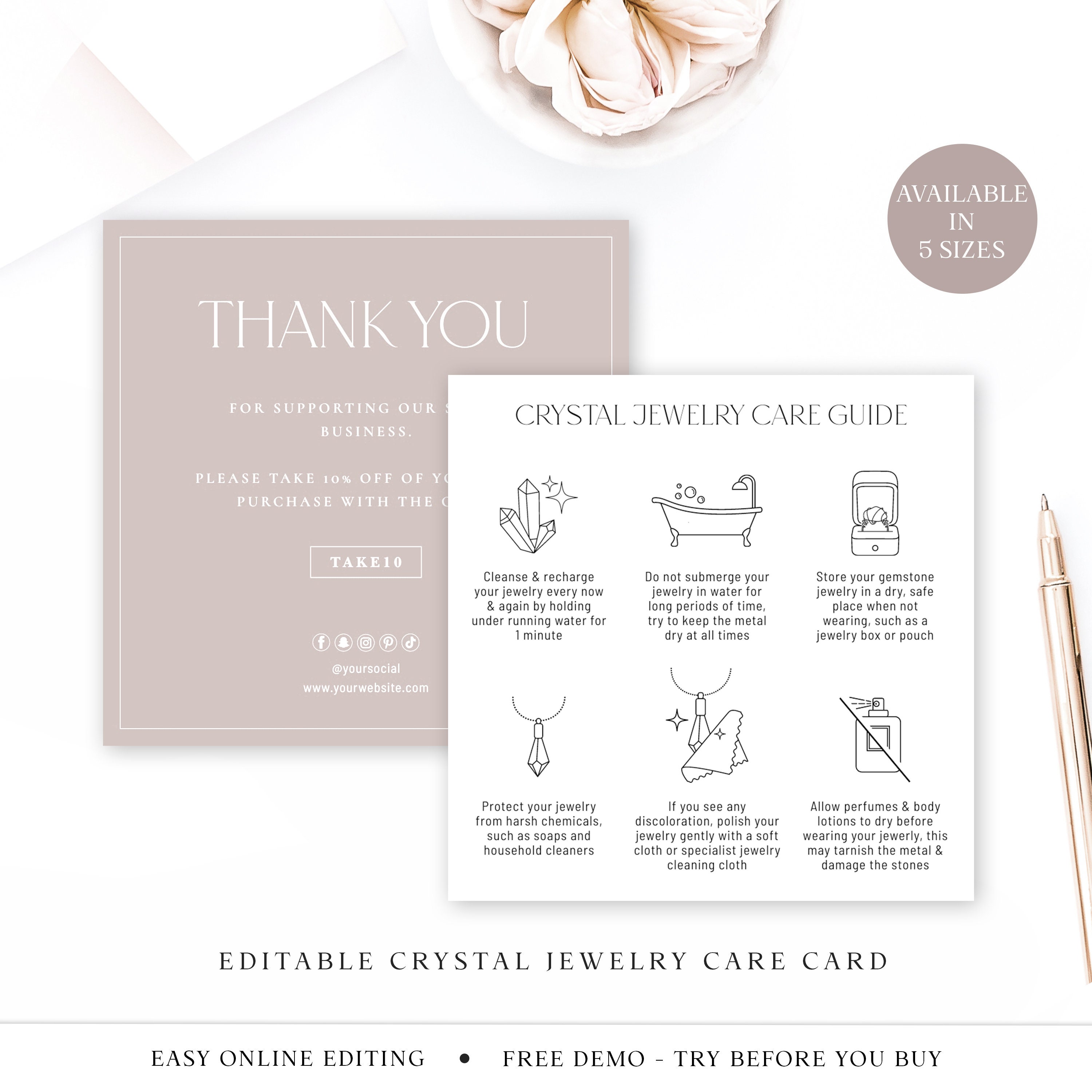 Jewelry Care Card, Jewelry Care Instructions Card, Jewelry Packaging  Insert, Small Business Thank You Cards, Editable Canva Template. TDS-05 