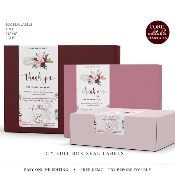 Editable Cake Box Seal Label Template (3 Sizes) DIY Edit Bakery Box Seal Sticker, Printable Cupcake Packaging Thank You Label WC-001