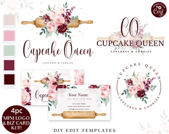 Editable Branding Bundle, 4pc Cupcake Template Kit, DIY Edit Logo Set + Business Card Instant Farmhouse Cake Baker Logo Design CQ-001